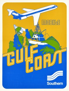Affiche vintage d'origine d'une compagnie aérienne représentant la pêche au golf sur la côte du sud de l'Alabama