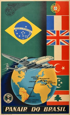 Affiche rétro originale de voyage d'une compagnie aérienne Panair Do Brasil, Lockheed Constellation