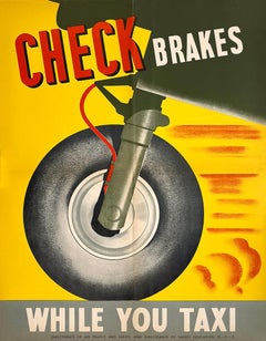 Original Vintage Airplane Safety Poster Check Brakes While You Taxi c1942