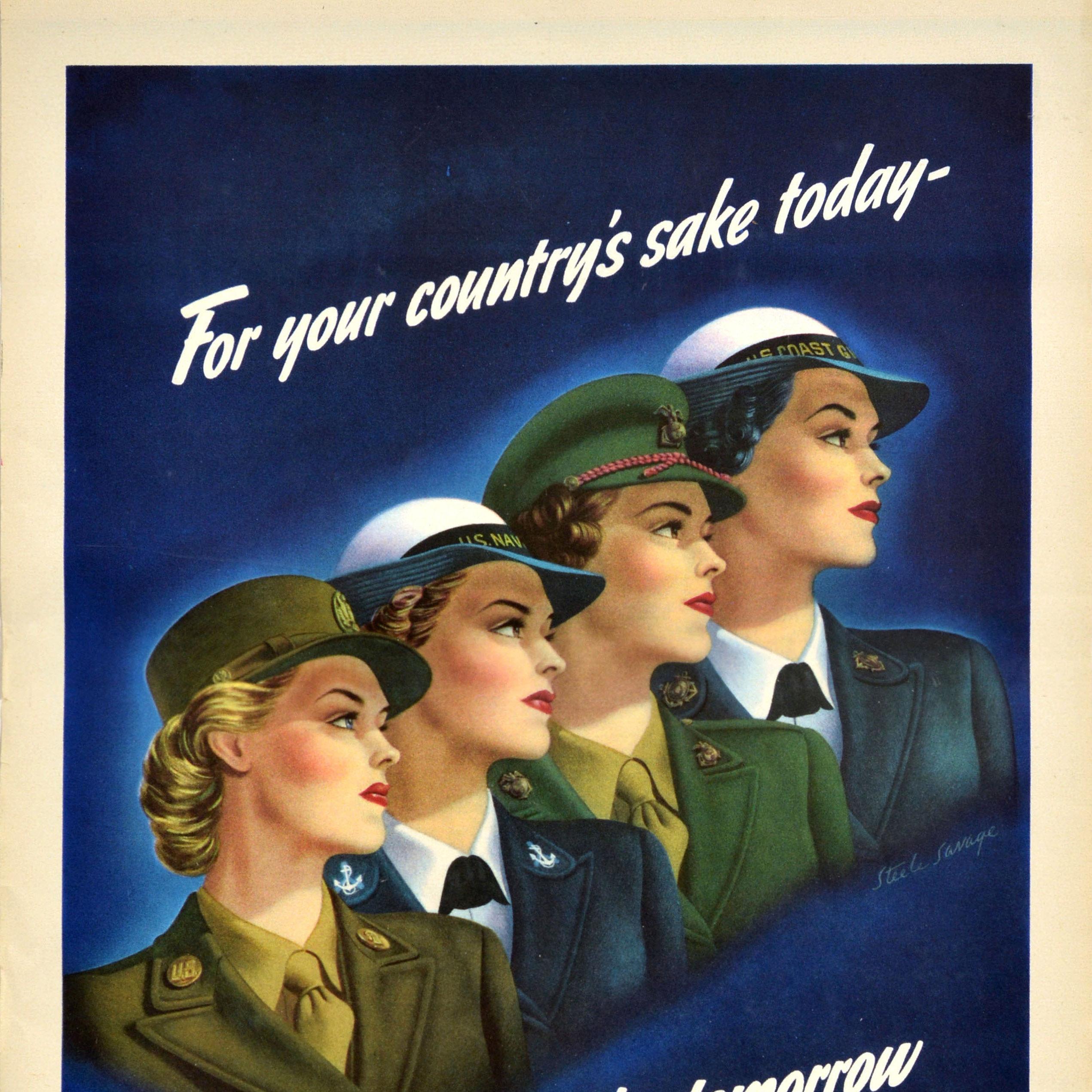 Original vintage American World War Two recruitment poster - For your country's sake today For your own sake tomorrow Go to the nearest recruiting station of the armed service of your choice - featuring a stunning illustration by Harry Steele Savage