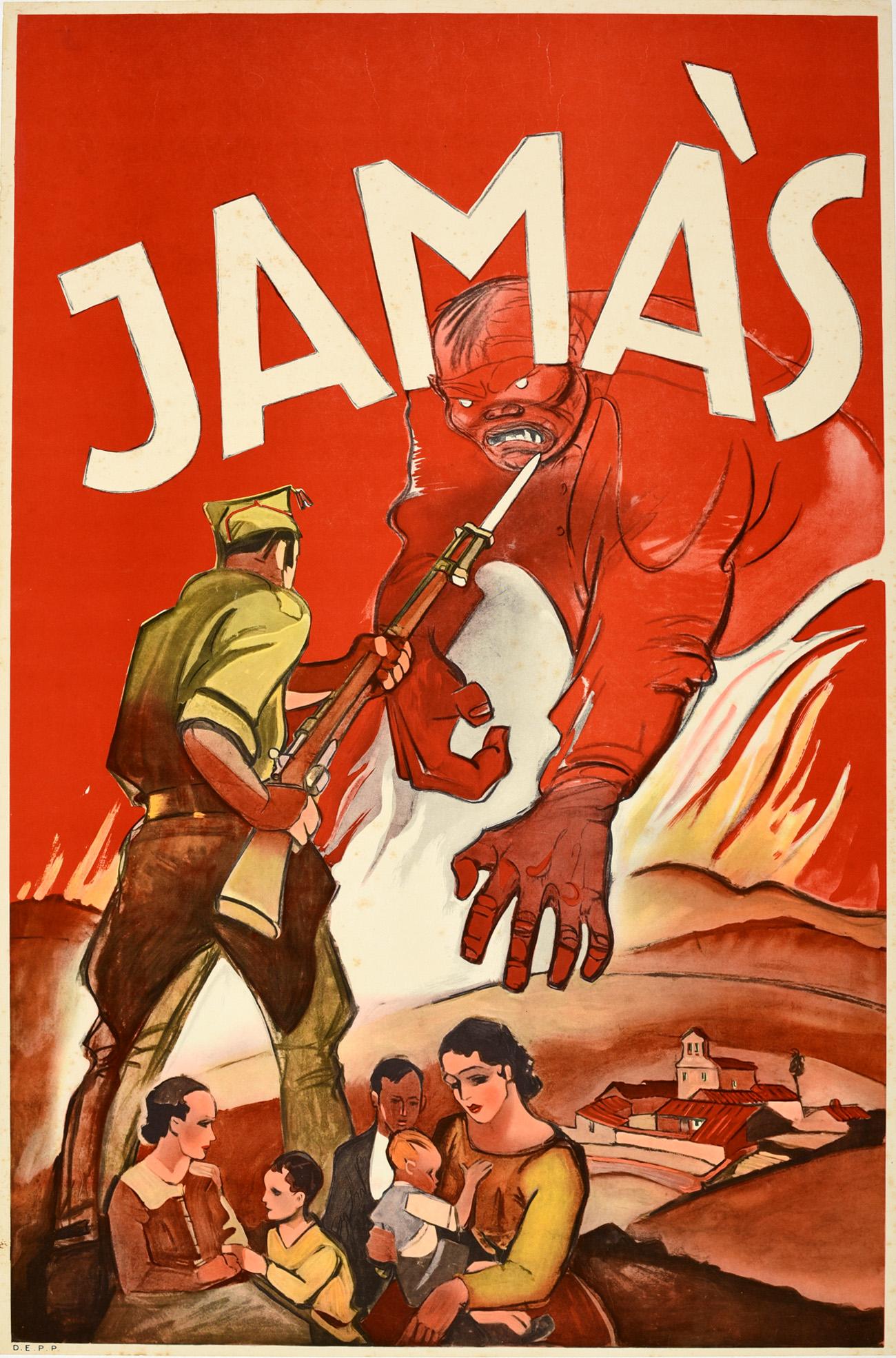 Unknown Print - Original Vintage Anti Communist Spanish Civil War Propaganda Poster Jamas Never