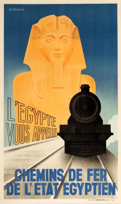 Original Vintage Art Deco Style Egyptian National Railway Poster Egypt Calls You