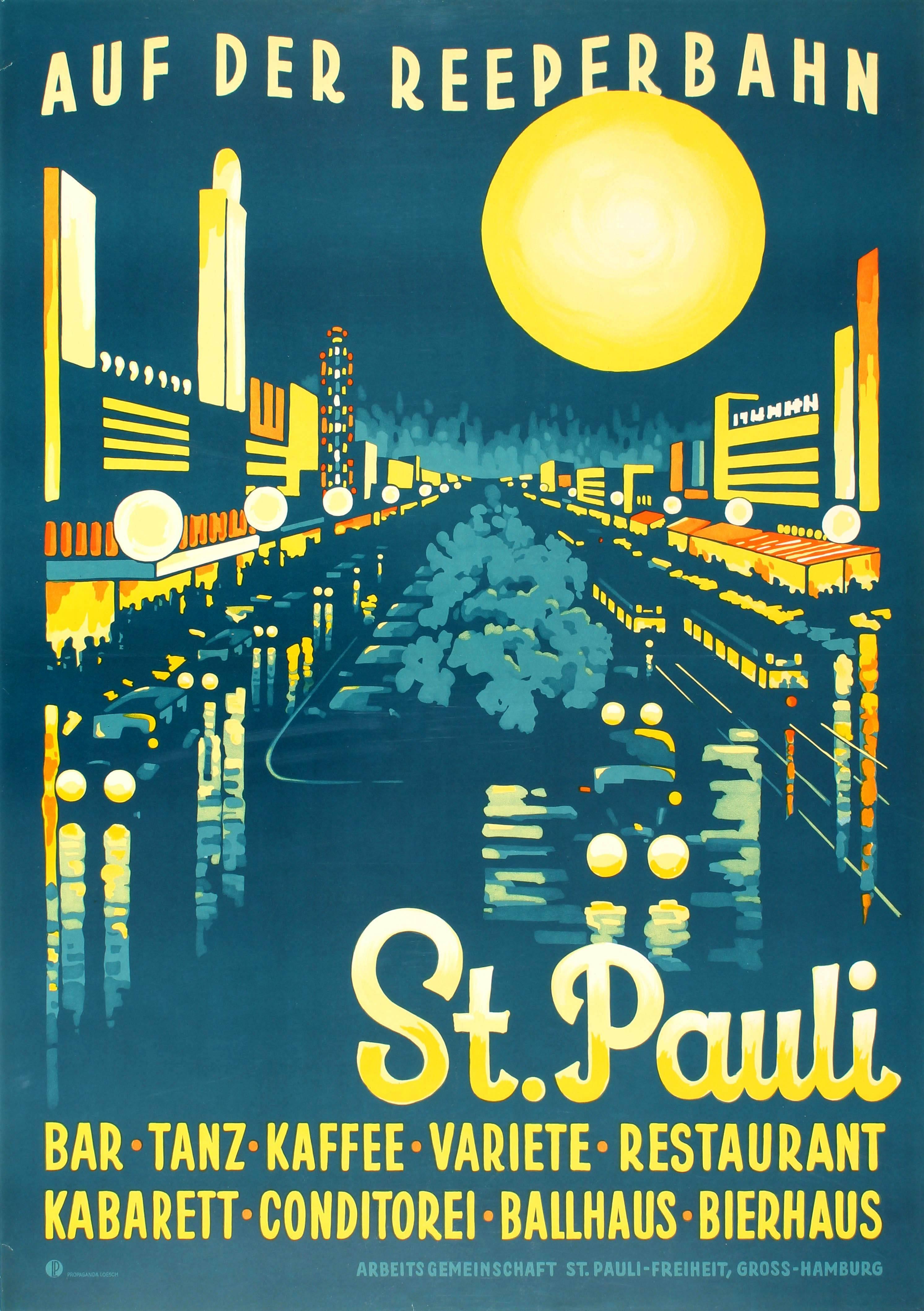Unknown Print - Original Vintage Art Deco Travel Poster For St Pauli Auf Der Reeperbahn At Night