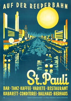 Original Vintage Art Deco Travel Poster For St Pauli Auf Der Reeperbahn At Night