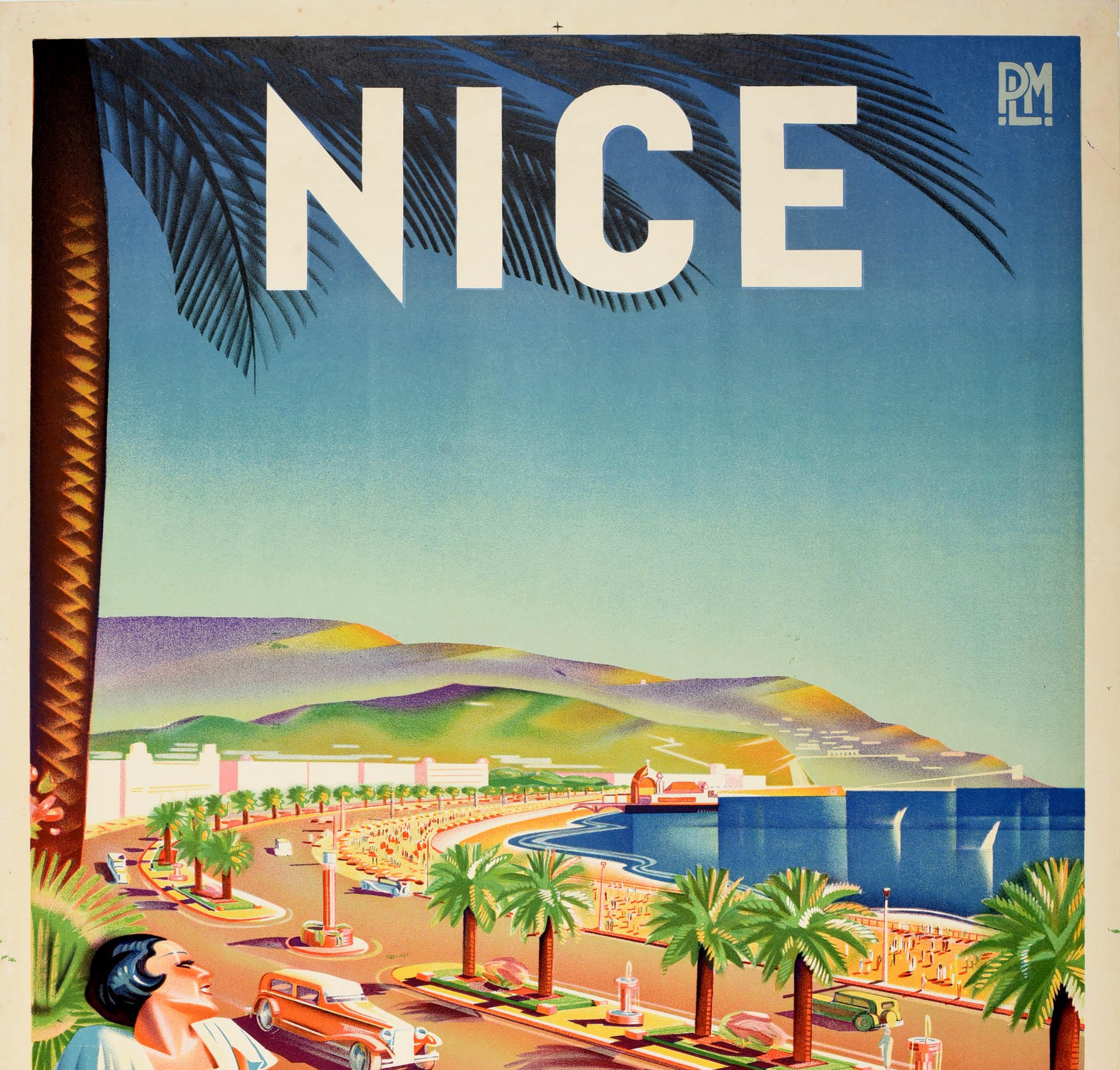 Original Vintage Art Deco-Reiseplakat Nice PLM Eisenbahn Paris Lyon Mittelmeerraum, Vintage (Art déco), Print, von Unknown