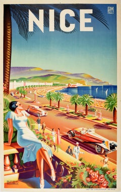 Original Antique Art Deco Travel Poster Nice PLM Railway Paris Lyon Mediterranee