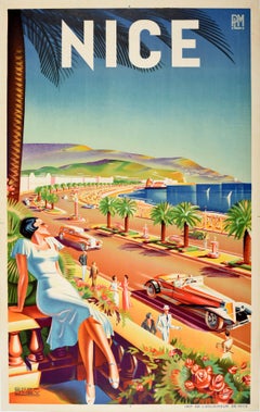 Original Vintage Art Deco Travel Poster Nice PLM Railway Paris Lyon Mediterranee