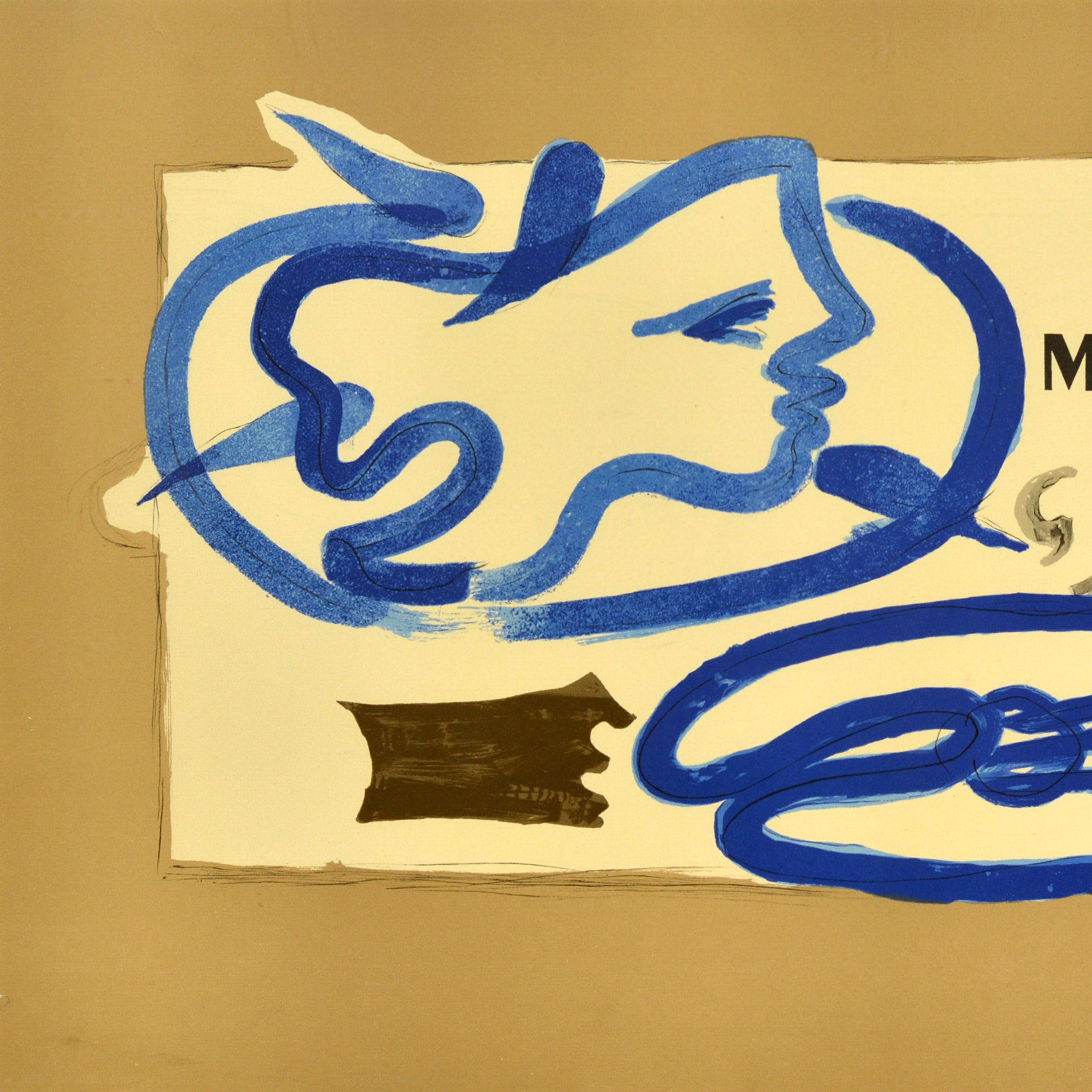 Original vintage advertising poster for an exhibition of work by the French artist Georges Braque (1882-1963) at Galerie Maeght featuring an abstract design titled Profil a la Palette / Palette Profile depicting a silhouette of a person in blue and