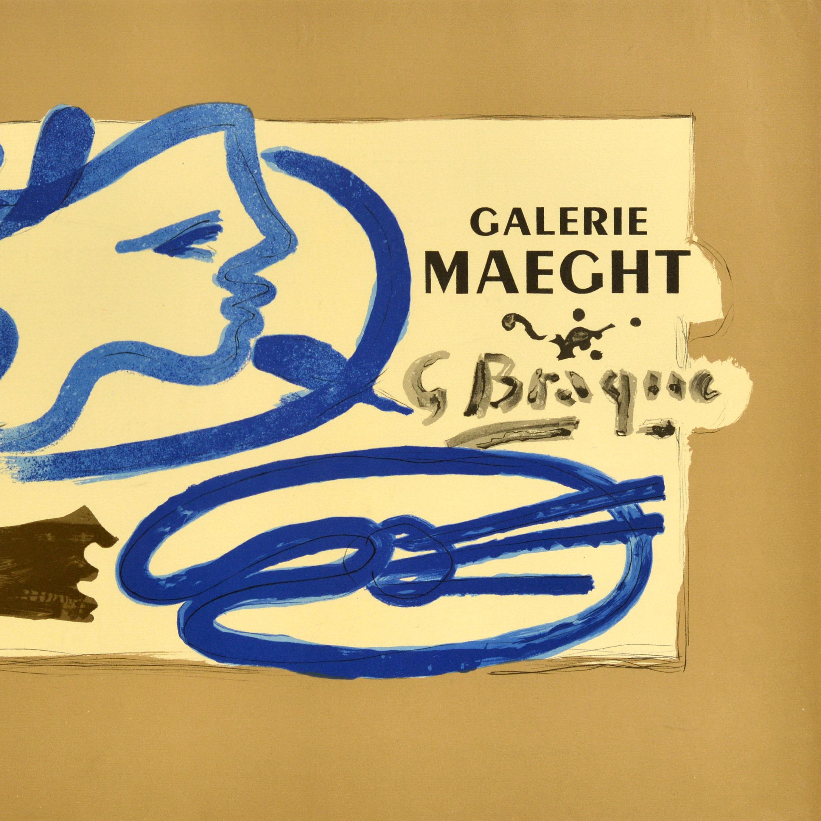 Cartel publicitario original de época para una exposición del artista francés Georges Braque (1882-1963) en la Galerie Maeght, con un diseño abstracto titulado Profil a la Palette / Palette Profile que representa la silueta de una persona vestida de