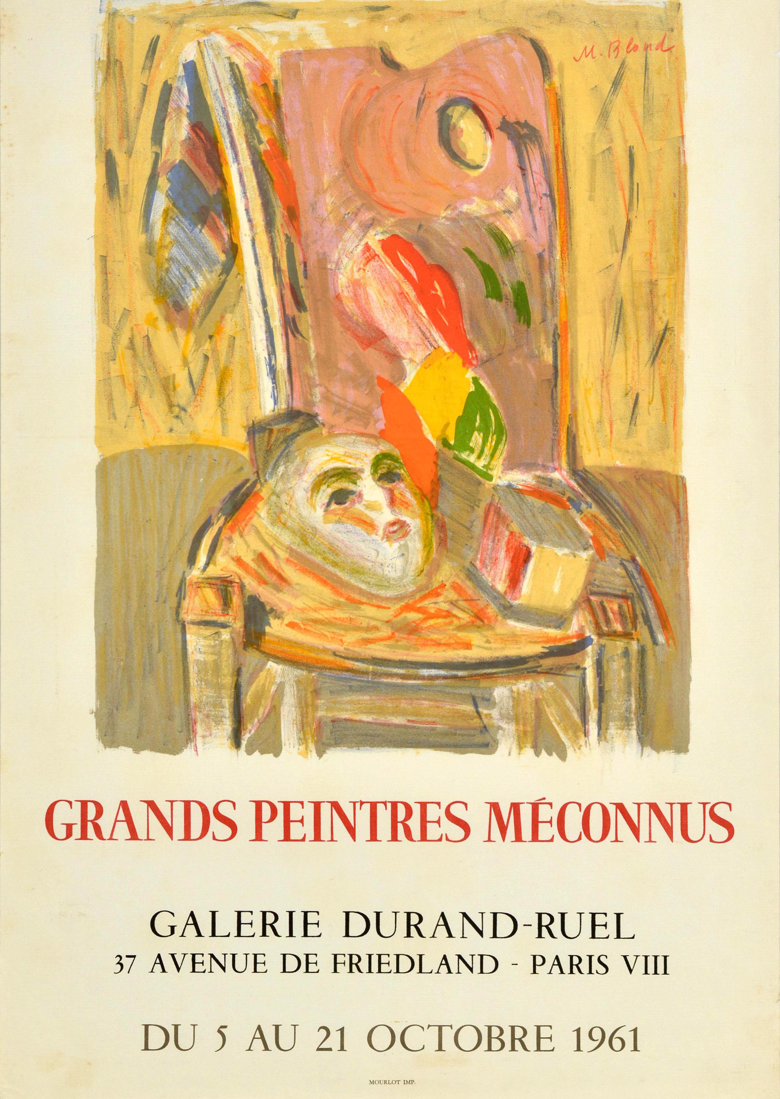 Manifesto d'epoca originale della mostra Grands Peintres Meconnus / Grandi Pittori Sconosciuti tenutasi alla Galerie Durand Ruel di Parigi dal 5 al 21 ottobre 1961, con un'opera d'arte firmata M. Blond che raffigura una maschera su una sedia con il