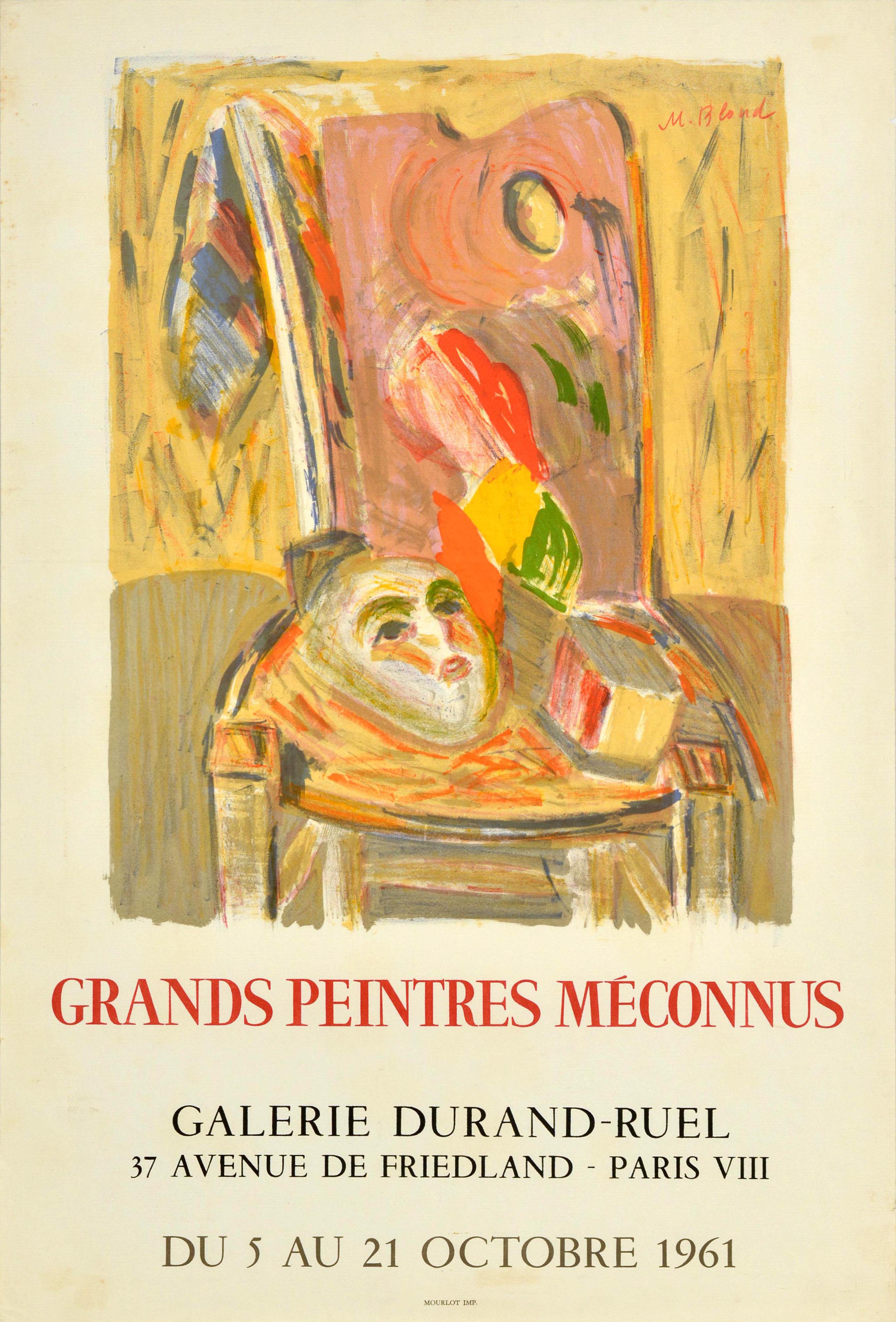 Originales Vintage-Ausstellungsplakat für die Ausstellung Grands Peintres Meconnus / Große unbekannte Maler, die vom 5. bis 21. Oktober 1961 in der Galerie Durand Ruel in Paris stattfand, mit einem von M. Blond signierten Kunstwerk, das eine Maske