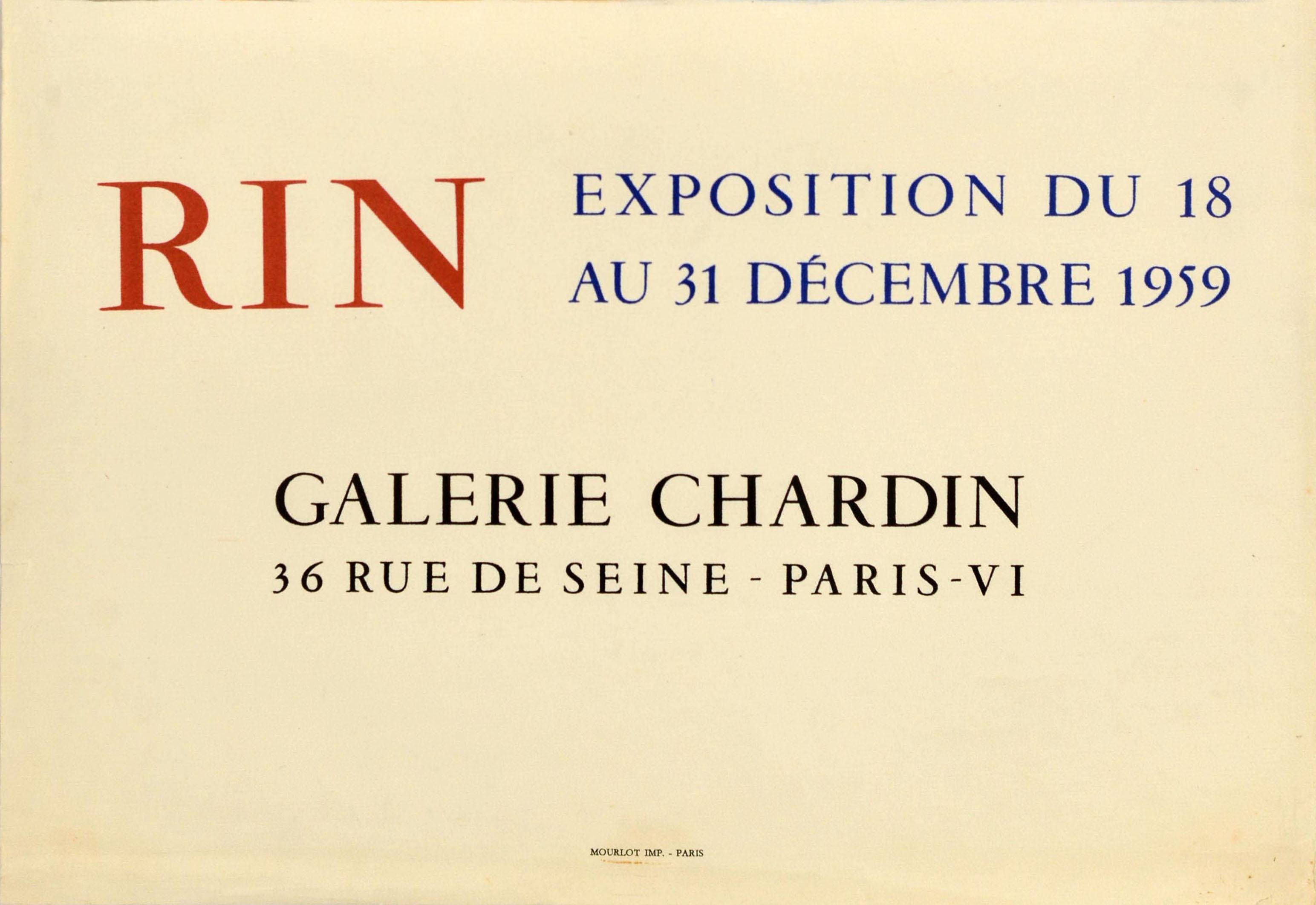 Original vintage art exhibition poster - Rin Galerie Chardin - held in Paris from 18 to 31 December 1959, featuring a colourful abstract painting by Nicolas Rin (b 1919) with shapes resembling buildings, the bold title and information text on the
