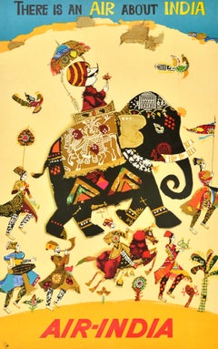 Original Vintage Asia Air India Travel Poster Air About India Elephant Maharajah