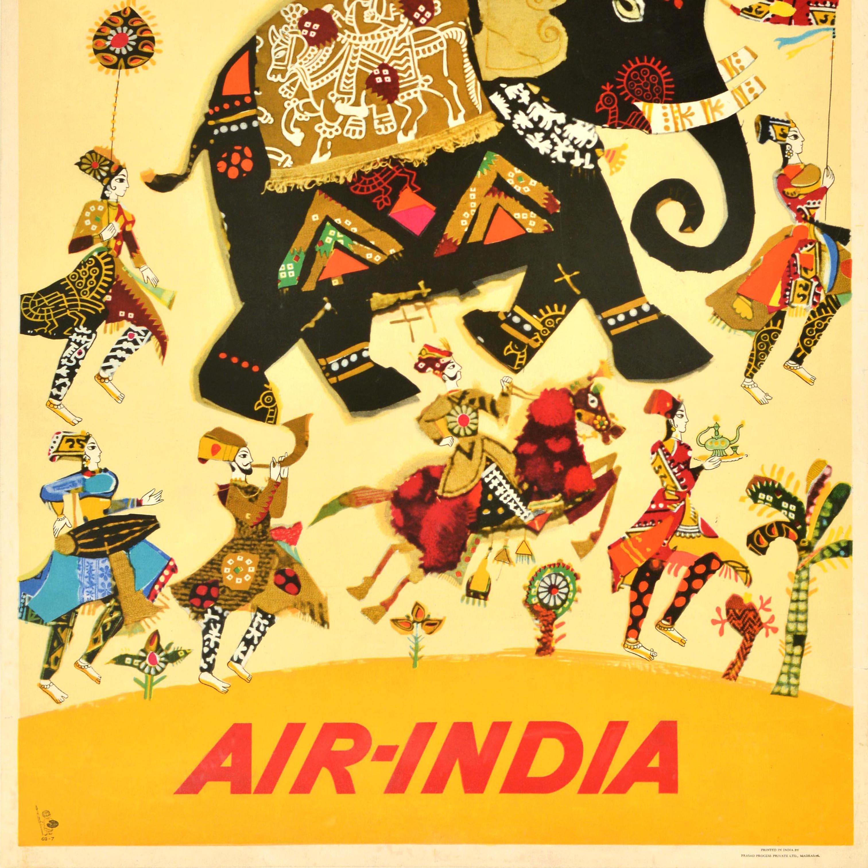 Originales Asien-Reiseplakat für Indien, herausgegeben von Air India - There is an Air about India - mit einer farbenfrohen Illustration im Stil einer Collage, die das Air-India-Maskottchen (einen Maharadscha, der 1946 von Bobby Kooka und Umesh Rao