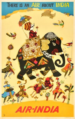 Original Vintage Asia Air India Travel Poster Air About India Elephant Maharajah