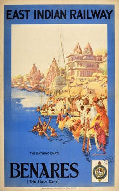 Original Vintage Asia Travel Poster Benares Holy City East Indian Railway India