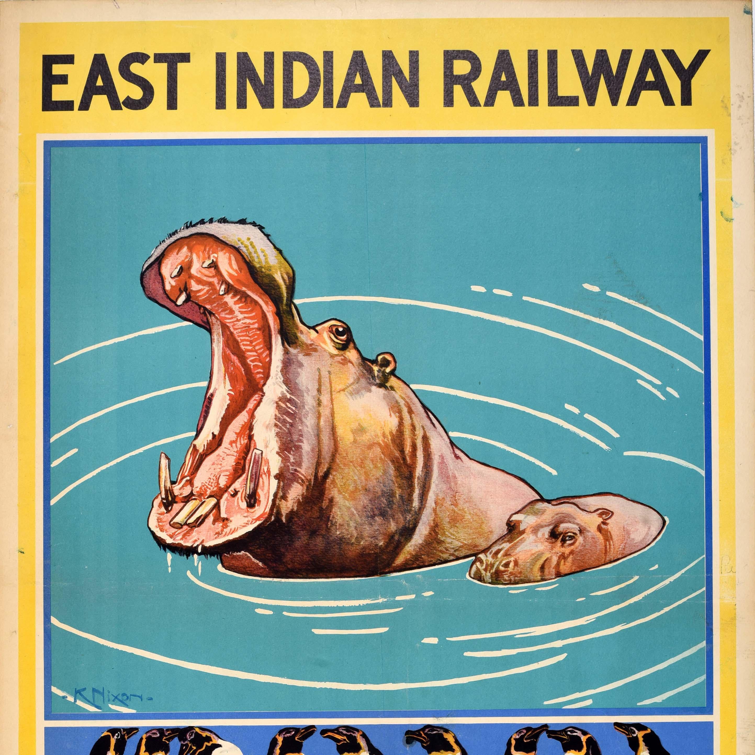 Original vintage Asia travel poster issued by the East Indian Railway (1845-1952) - See the Calcutta Zoo - featuring a great design by Kay Nixon (Kathleen Irene Nixon; 1895-1988) of a mother hippopotamus with her mouth wide open in the water next to