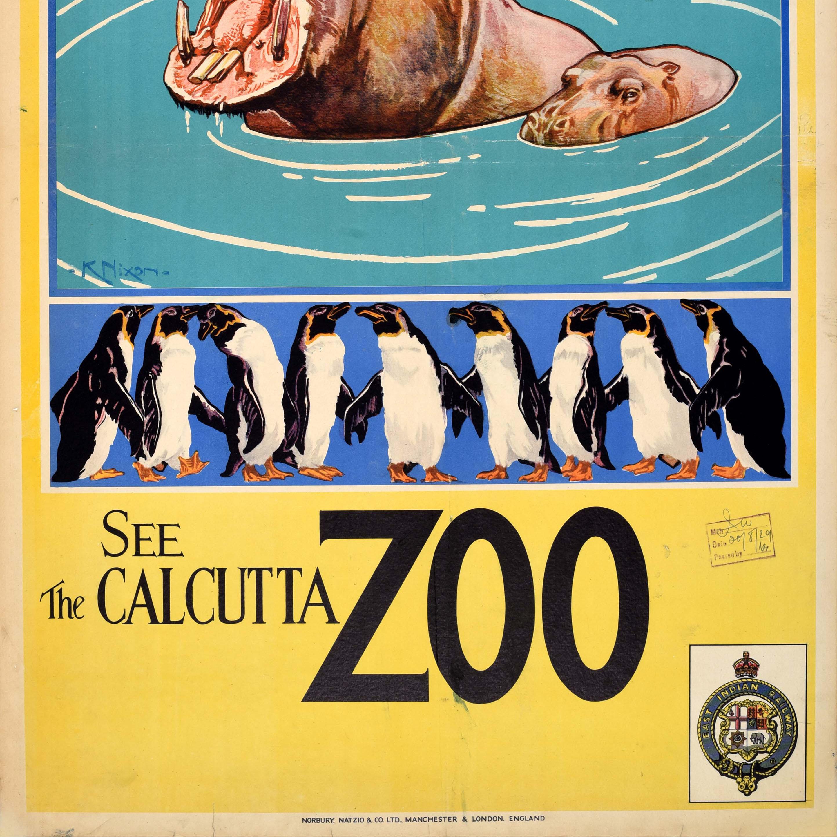 Original Vintage Asien-Reiseplakat, herausgegeben von der East Indian Railway (1845-1952) - See the Calcutta Zoo - mit einem großartigen Design von Kay Nixon (Kathleen Irene Nixon; 1895-1988) eines Nilpferd-Muttertiers mit weit geöffnetem Maul im