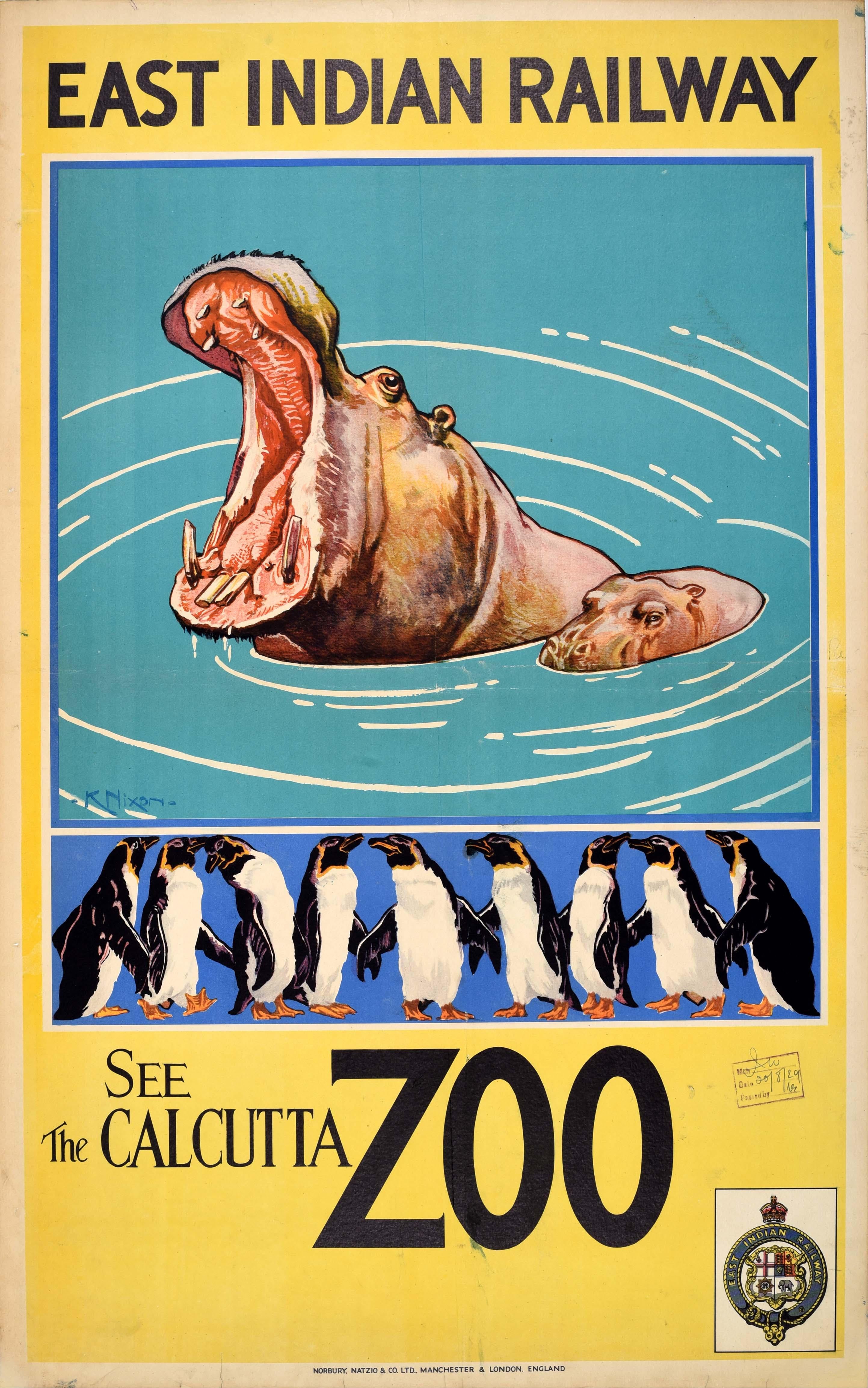 Unknown Print – Original Vintage Asiatisches Reiseplakat, Calcutta Zoo, Hippo, Ostindische Eisenbahn, Nixon, Vintage