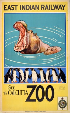 Original Vintage Asiatisches Reiseplakat, Calcutta Zoo, Hippo, Ostindische Eisenbahn, Nixon, Vintage