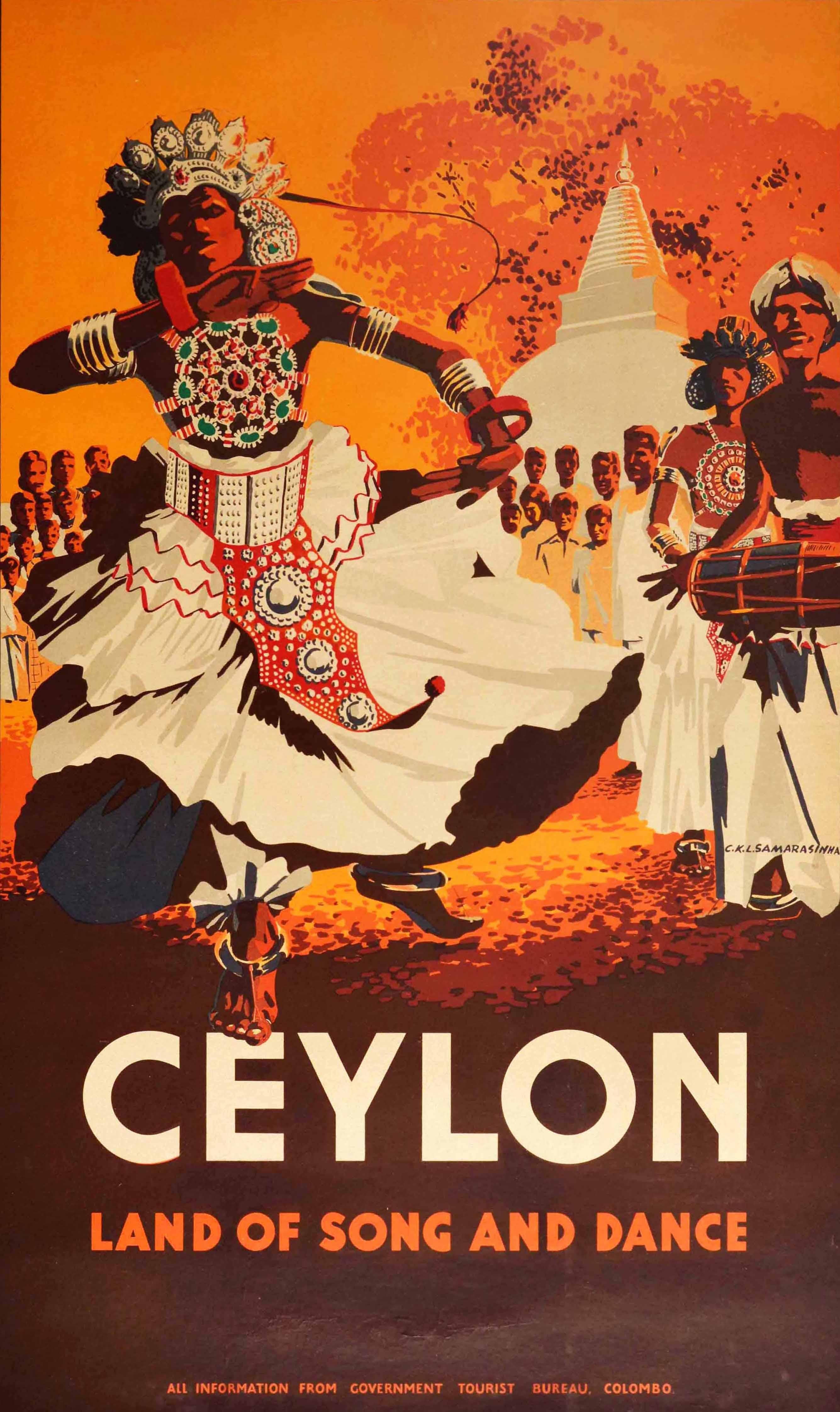 Original Vintage Asia Travel Poster Ceylon Land Of Song And Dance Sri Lanka - Print de Unknown
