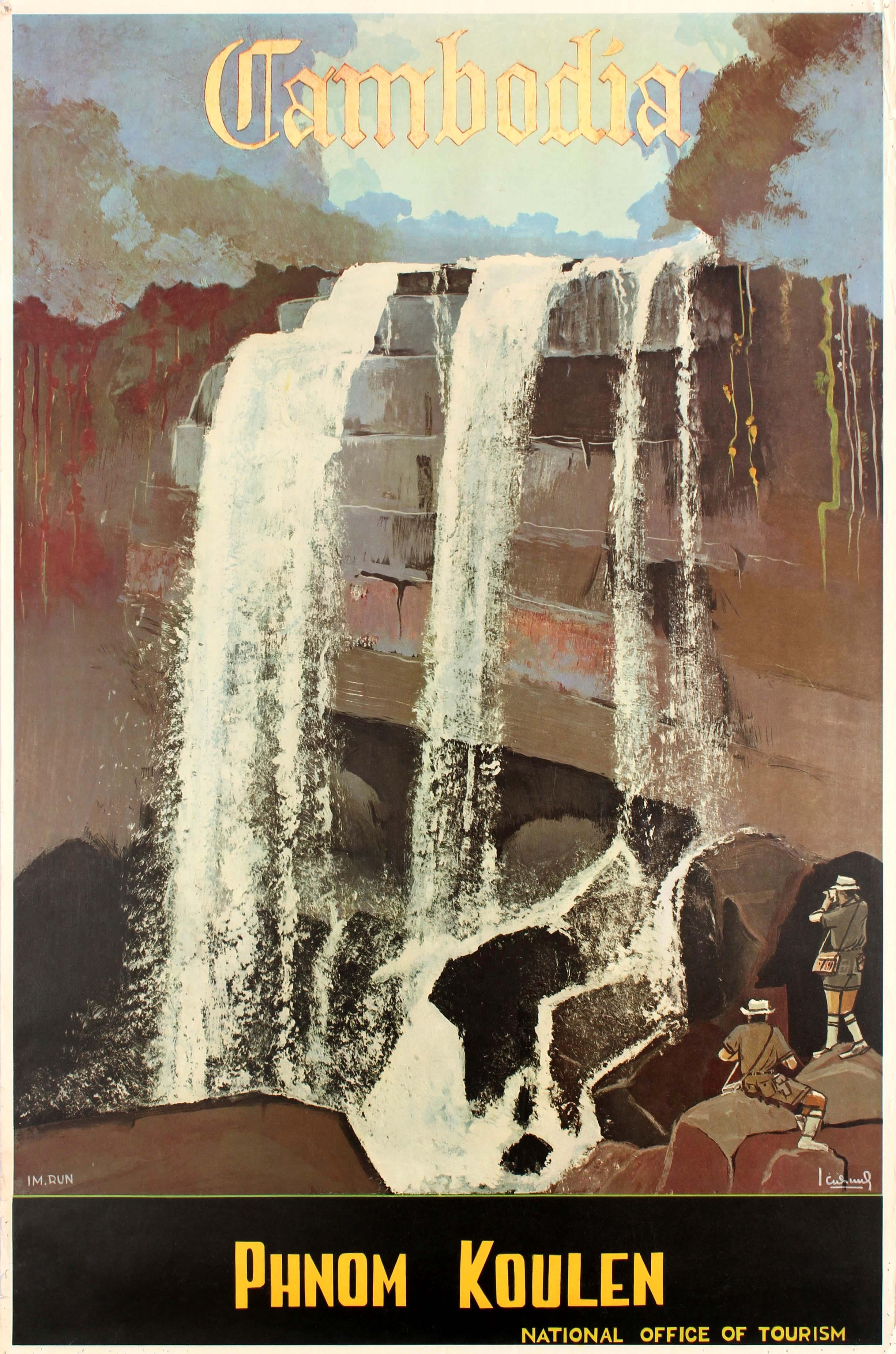Unknown Print - Original Vintage Asia Travel Poster For Cambodia Phnom Koulen Ft Kulen Waterfall