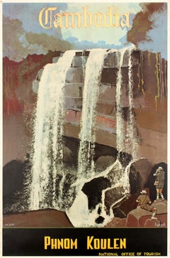 Affiche rétro originale de voyage en Asie pour le Cambodge, Phnom Koulen et Kulen, cascade