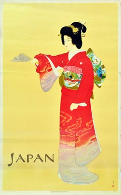 Original Vintage Asia Travel Poster For Japan Noh Dancer Kimono Art Uemura Shoen