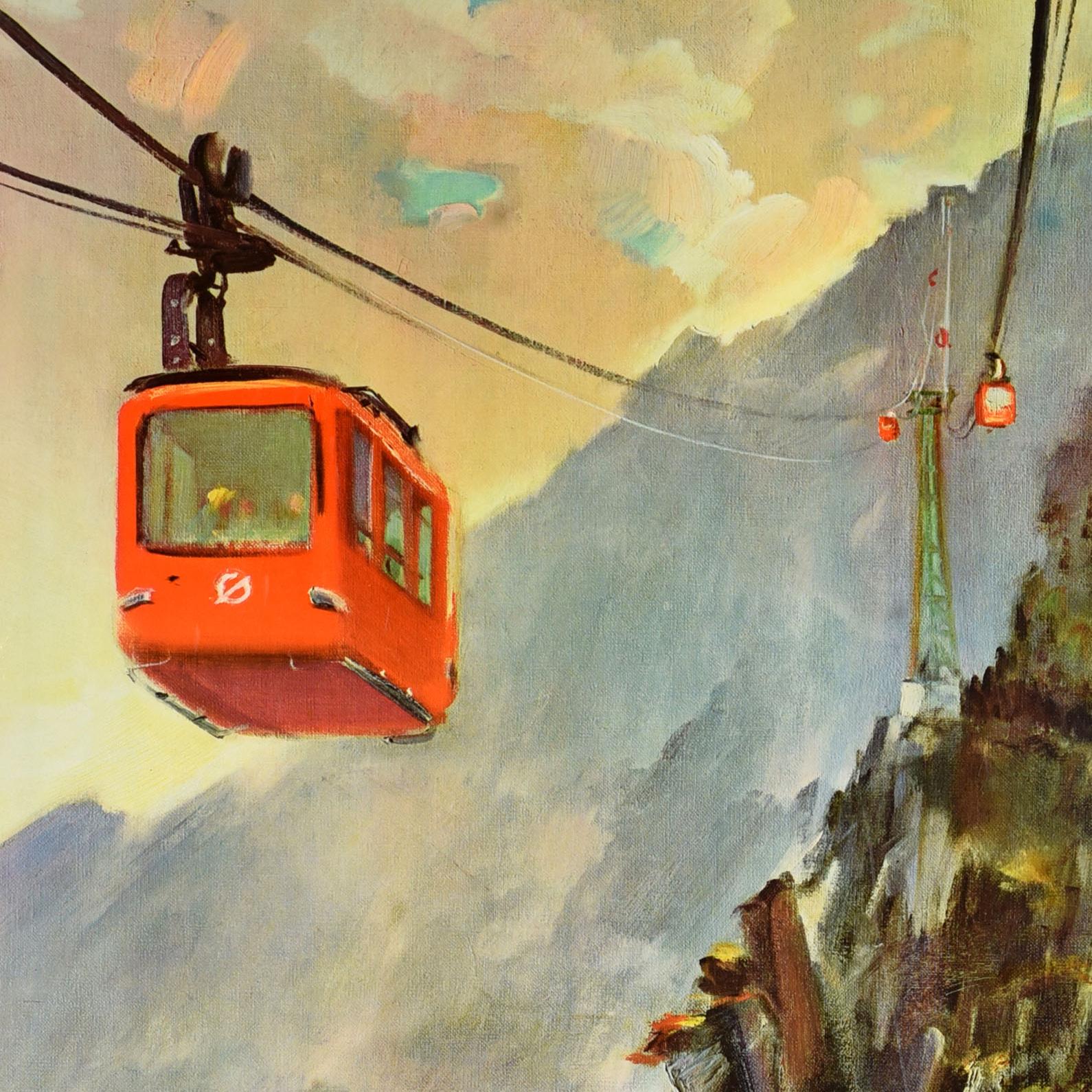 Original vintage Asia travel poster for the Gozaisho Ropeway 御在所ロープウェイ in Japan featuring people in red cable car cabins travelling up and down the mountain with the colourful forest below. Opened in 1959, the Mount Gozaisho Ropeway is a Japanese