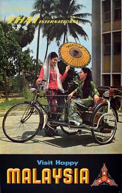 Original Vintage Asiatisches Reiseplakat Happy Malaysia Thai International Airlines, Happy Malaysia