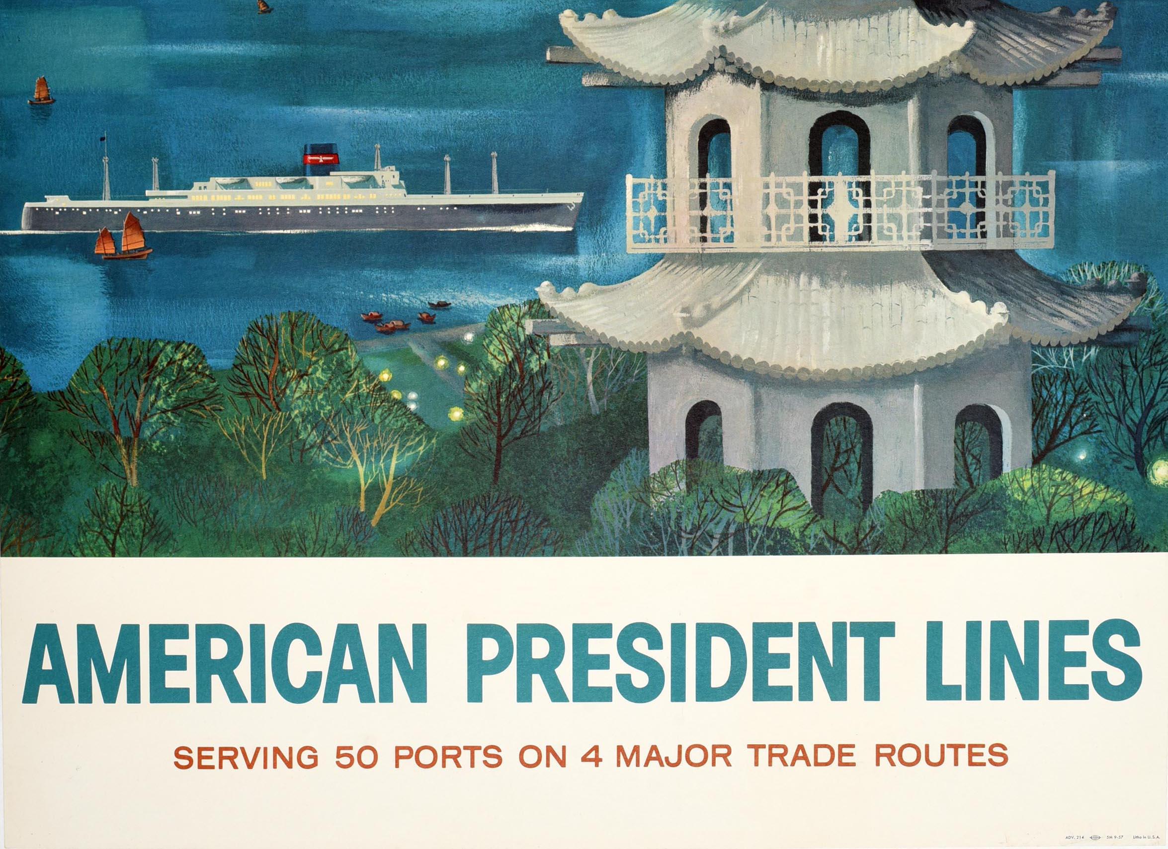 Poster di viaggio originale d'epoca per l'Asia Hong Kong American President Lines Pagoda - Print Blu di Unknown