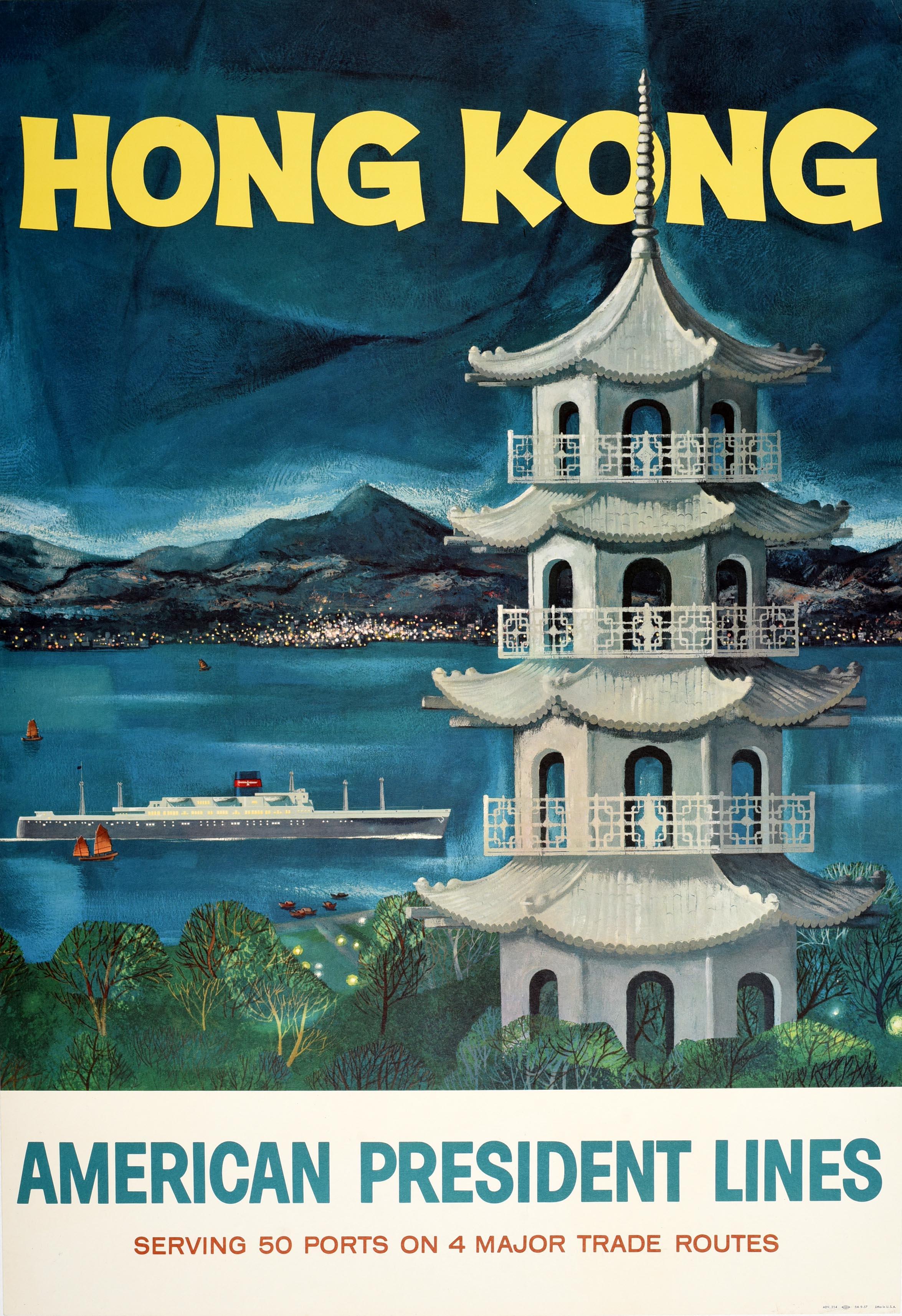 Unknown Print - Original Vintage Asia Travel Poster Hong Kong American President Lines Pagoda