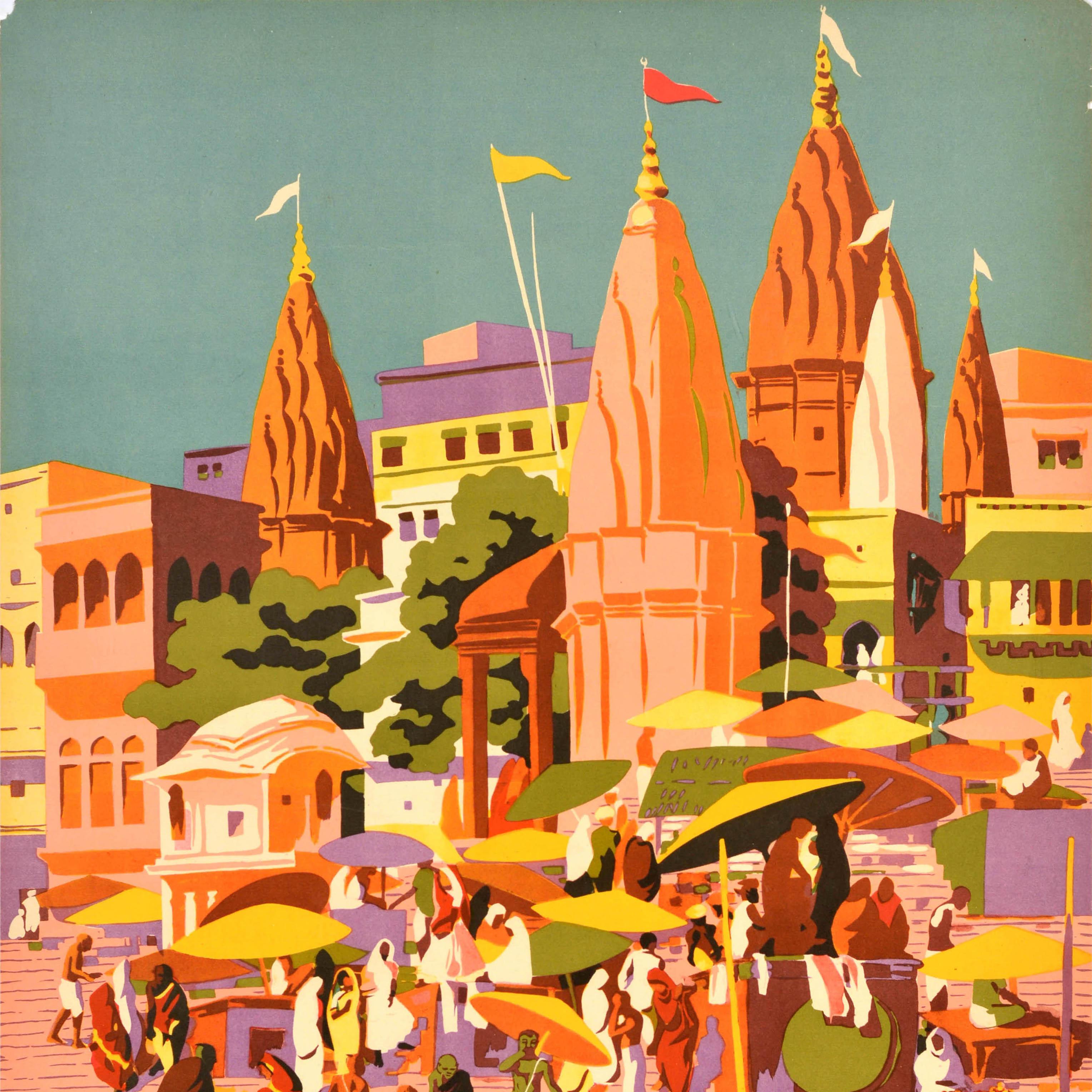Original Vintage Asiatisches Reiseplakat Indien Varanasi Ganges Banaras Uttar Pradesh, Uttar Pradesh, Vintage (Beige), Print, von Unknown