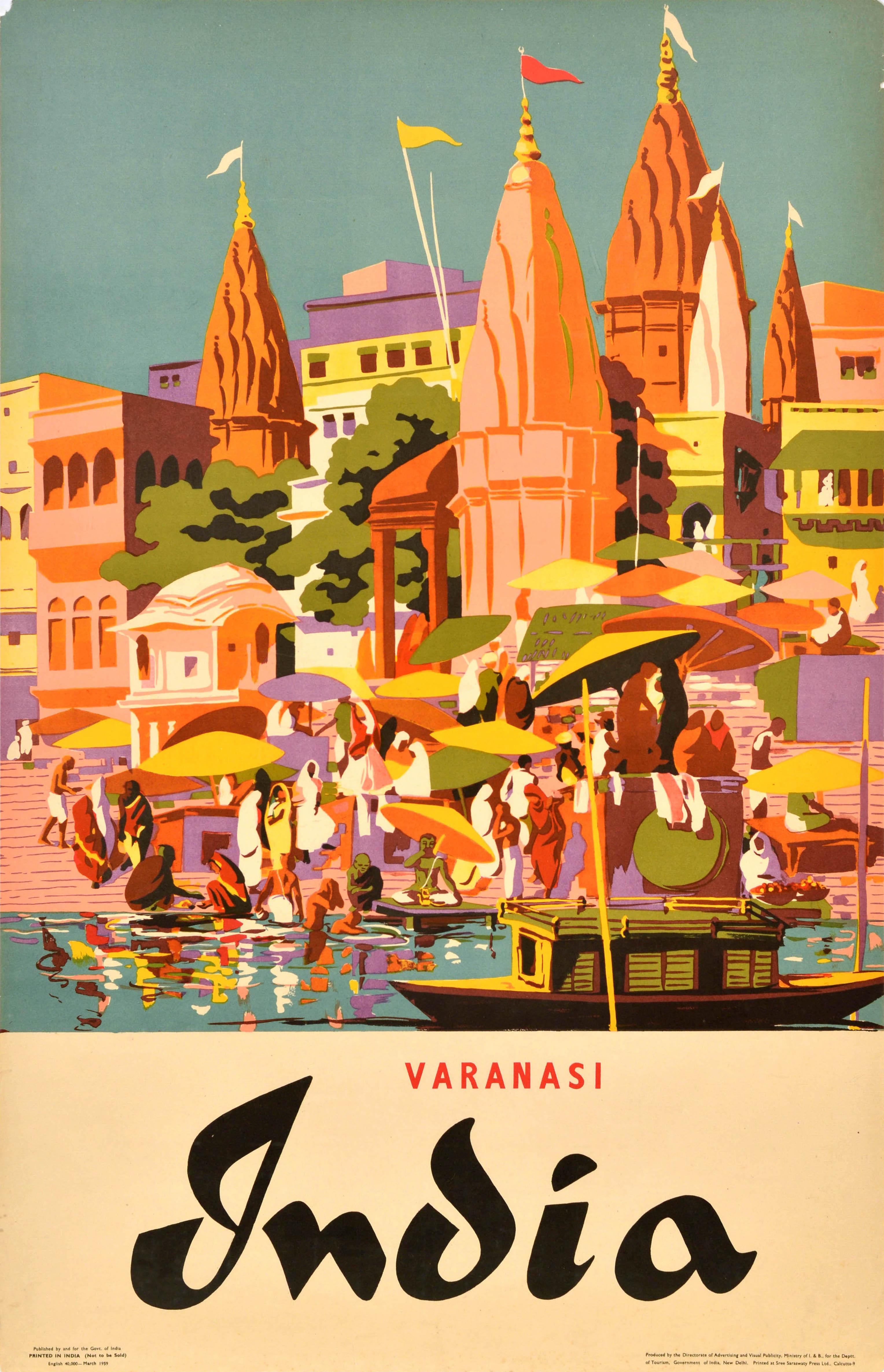 Unknown Print – Original Vintage Asiatisches Reiseplakat Indien Varanasi Ganges Banaras Uttar Pradesh, Uttar Pradesh, Vintage