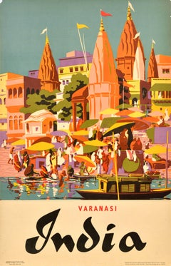 Affiche vintage originale de voyage en Inde Varanasi Ganges Banaras Uttar Pradesh