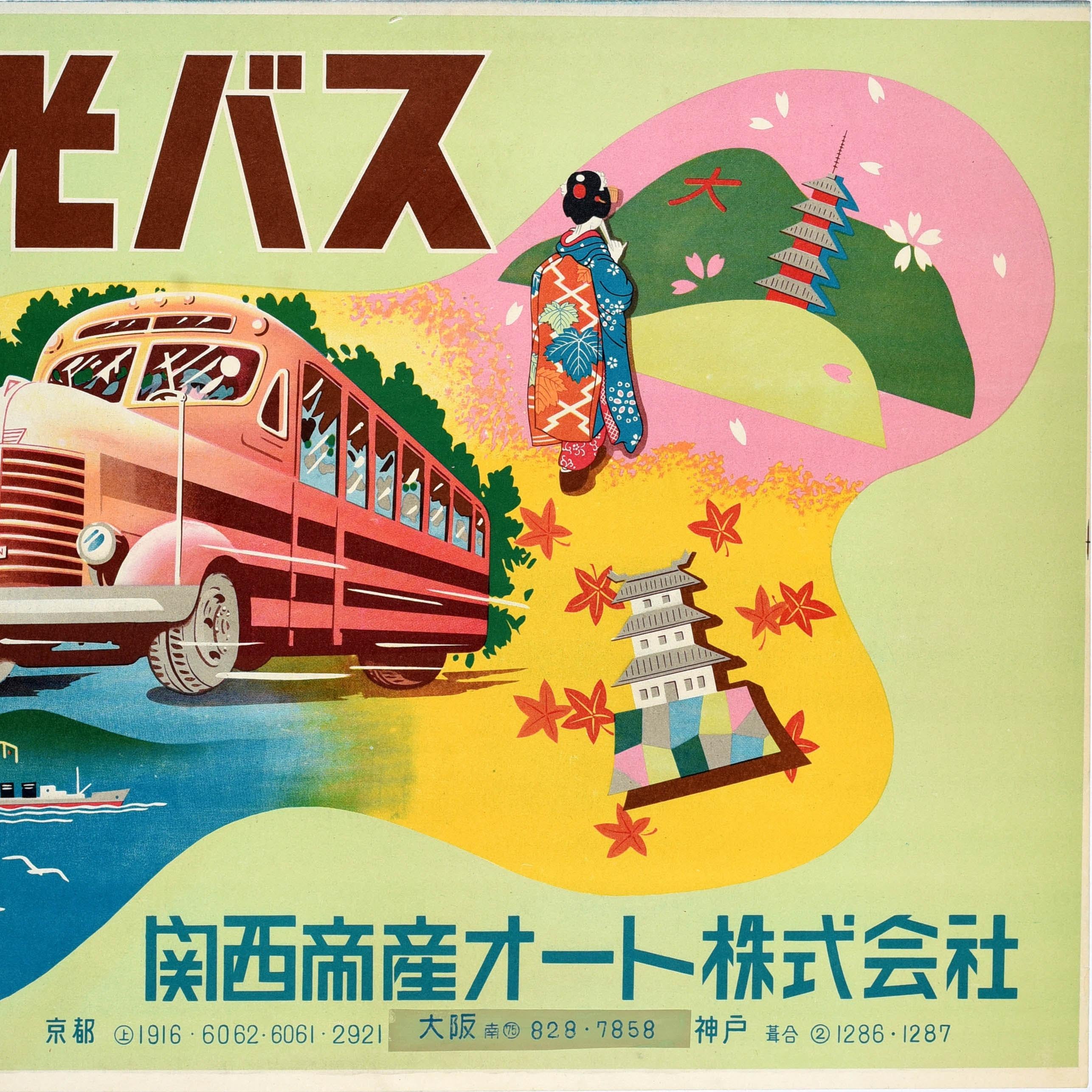 Affiche de voyage vintage originale pour des excursions en bus au Japon, émise par Kansai Teisan Auto Co Ltd, représentant un bus touristique traversant un collage de paysages japonais comprenant des bateaux naviguant en mer avec des bâtiments