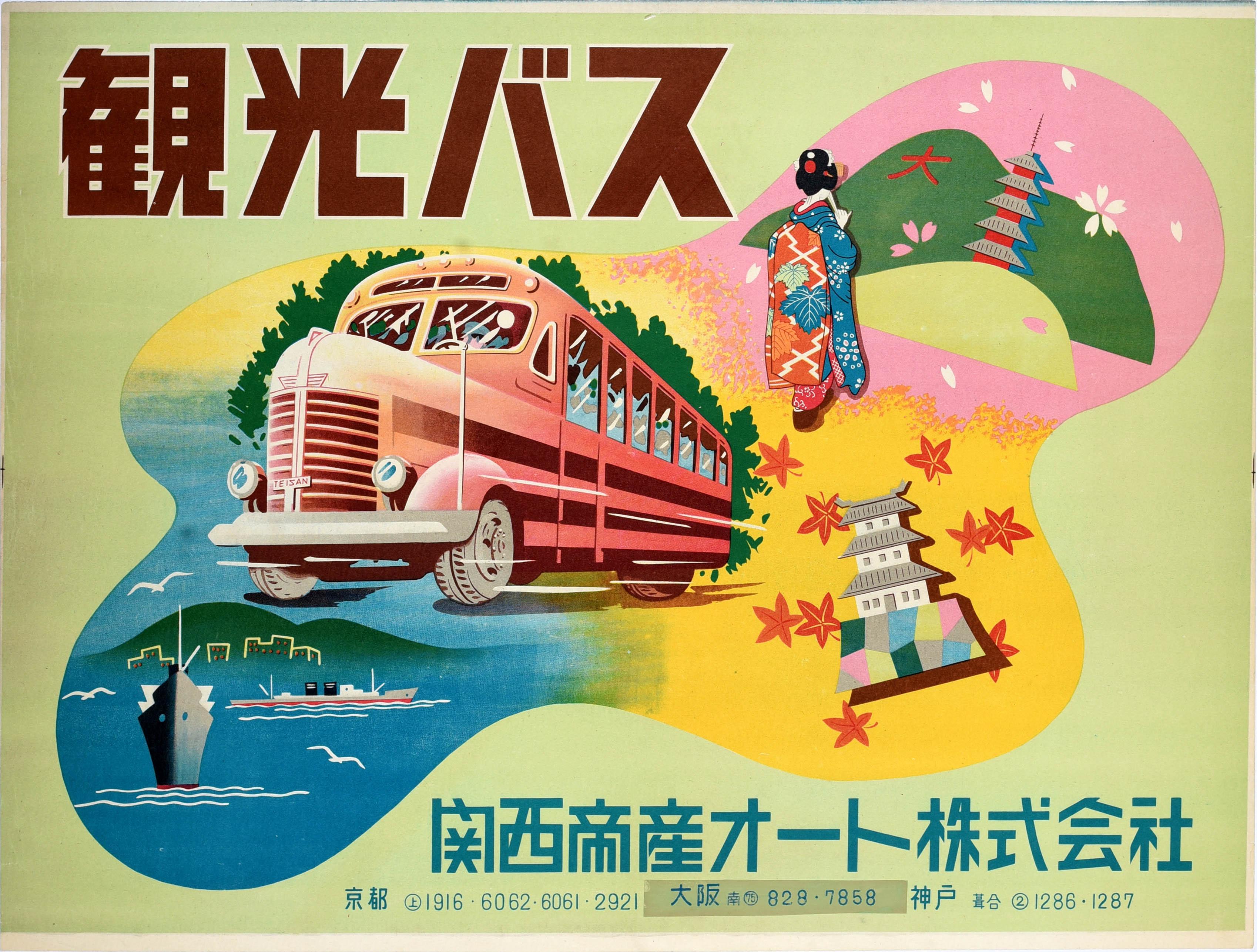 Print Unknown - Affiche rétro originale de voyage en Asie, Japon, vue d'un bus, temple, kimono Nippon