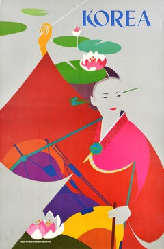 Original Vintage Asia Travel Poster Korea Hanbok Traditional Costume Water Lily