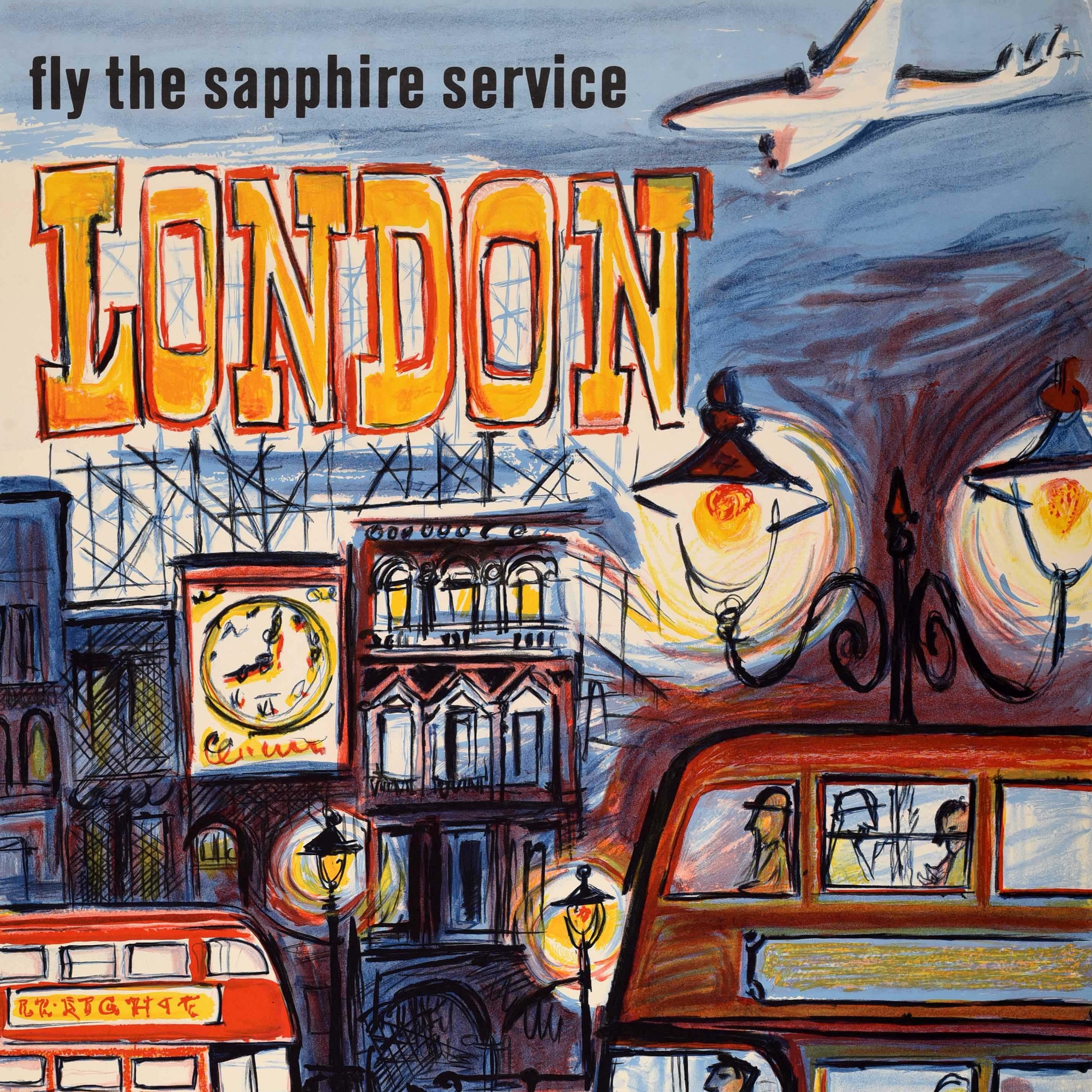 Original vintage travel poster issued by Air Ceylon - Fly the Sapphire Service to London - featuring artwork by Mart Kempers (1924-1993) depicting a busy London city street scene with a delivery van, a taxi laden with tourist luggage and passengers