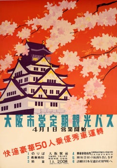 Affiche vintage originale de voyage en Asie, château d'Osaka et tours en bus, cerisier Sakura