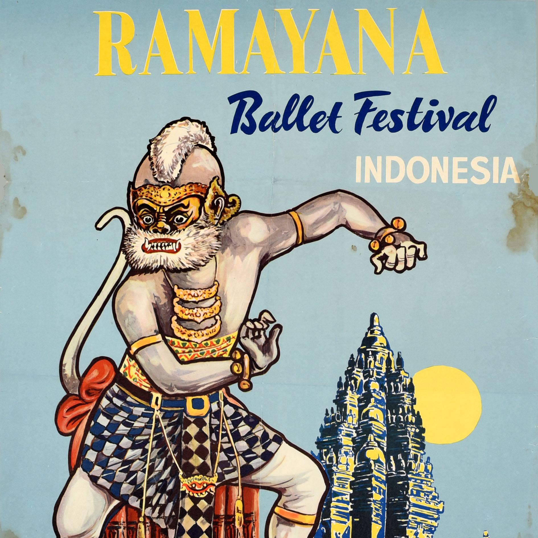 Original Vintage Asiatisches Reiseplakat Ramayana Ballett Festival Indonesien Tempel, Vintage (Grau), Print, von Unknown