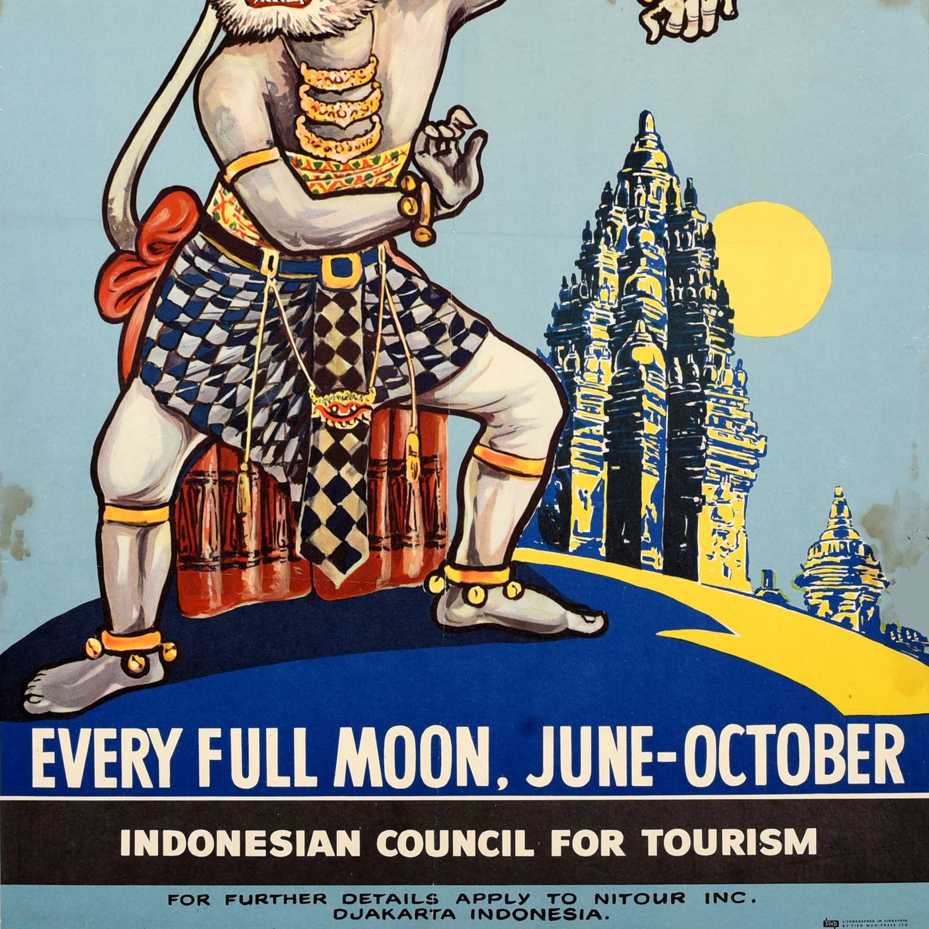 Original vintage travel advertising poster for the Ramayana Ballet Festival Indonesia every full moon June-October featuring a monkey god dance performance with an ancient temple and a bright moon shining in the background, the text on the side