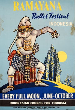 Affiche vintage originale de voyage asiatique Ramayana Ballet Festival Indonésie Temple