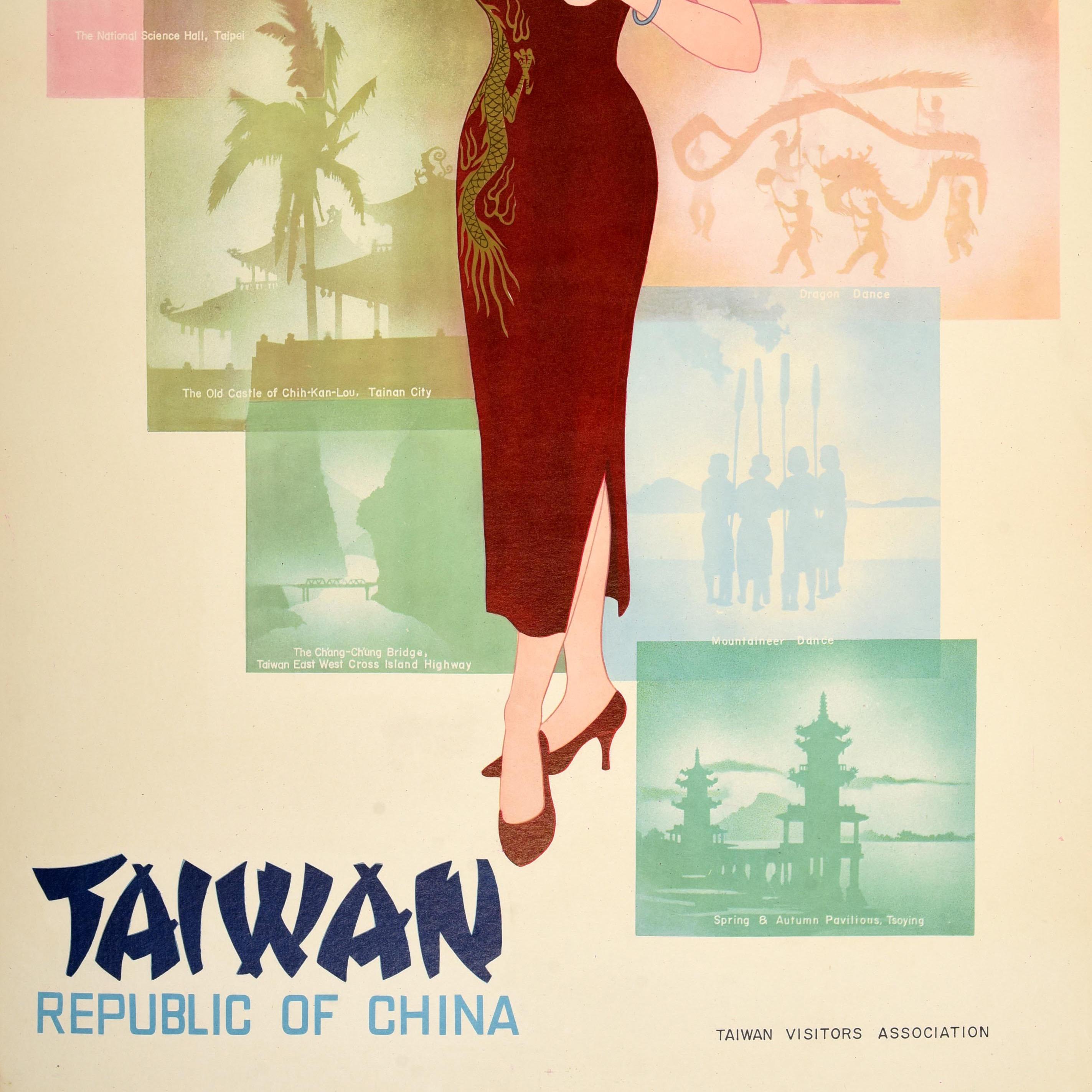 Original-Reiseplakat für Taiwan, Republik China, herausgegeben von der Taiwan Visitors Association, mit einem farbenfrohen Design, das eine Dame in einem traditionellen roten Cheongsam-Kleid mit einem Drachen an der Seite zeigt, die eine Blume in