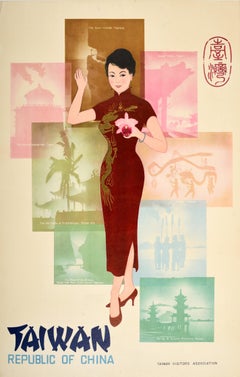 Original Retro Asia Travel Poster Taiwan Republic Of China Taipei Cheongsam