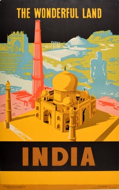 Original Vintage Asia Travel Poster The Wonderful Land India Delhi Taj Mahal
