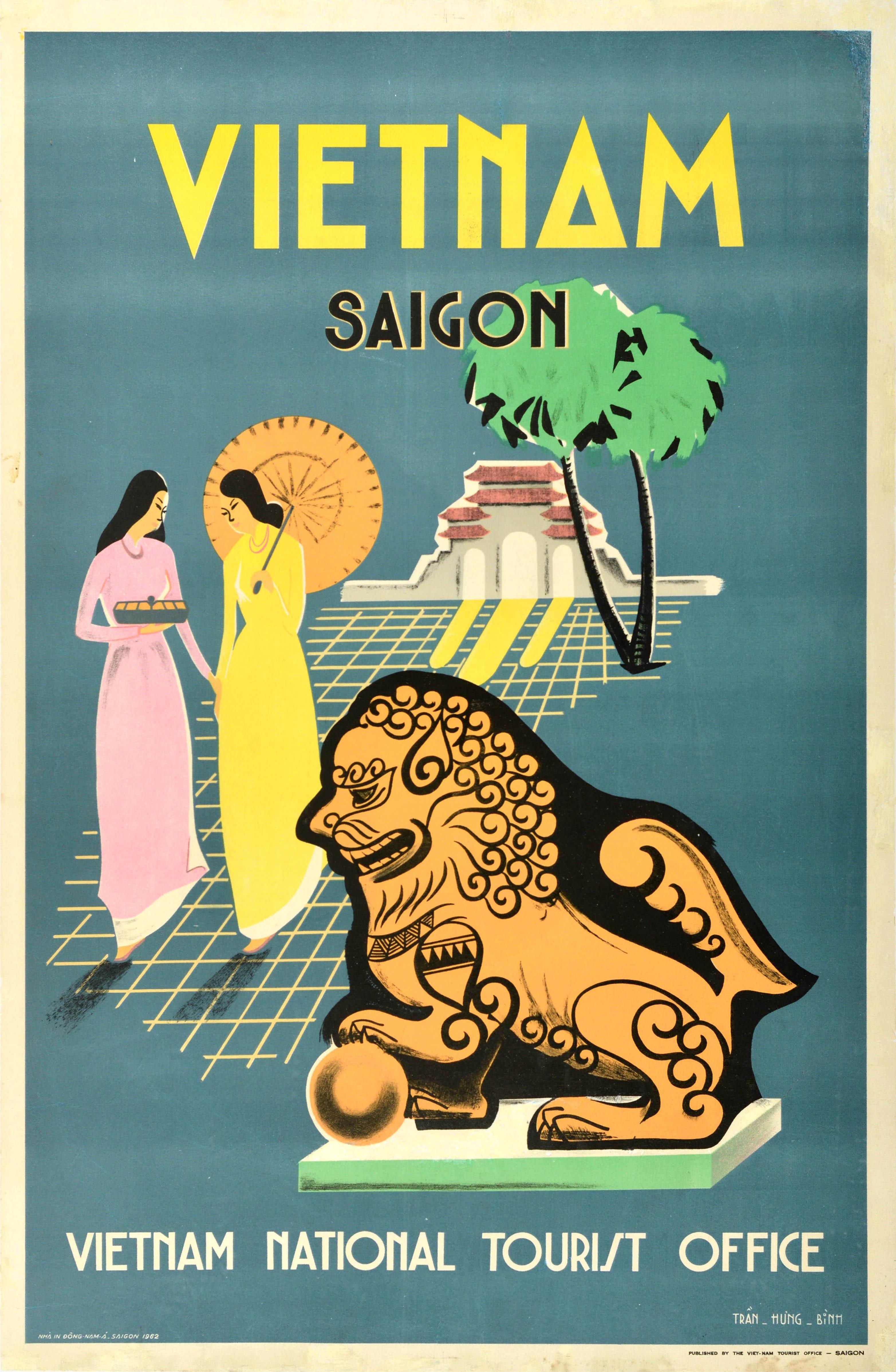 Unknown Print - Original Vintage Asia Travel Poster Vietnam Saigon Ho Chi Minh City Temple Lion
