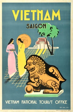 Original Retro Asia Travel Poster Vietnam Saigon Ho Chi Minh City Temple Lion
