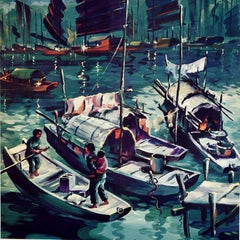 Original Vintage Asia Travel Poster Visit Hong Kong Junk Boats Night Harbour