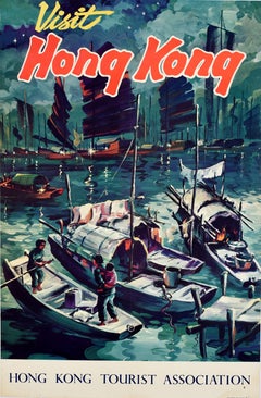 Original Vintage Asia Travel Poster Visit Hong Kong Junk Boats Night Harbour